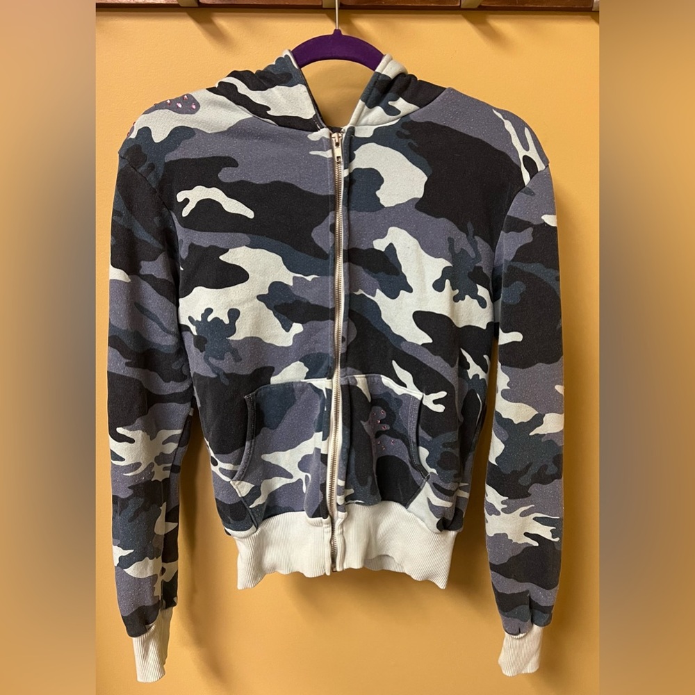Primp Women’s Blue Camouflage Camo Zip-Up Hoodie with Pink Rhinestones Y2K